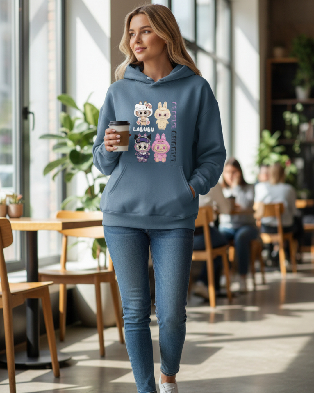 VALUENCIO | LABUBU DESENLİ BASKI MAVİ RENK KAPÜŞONLU SWEATSHIRT