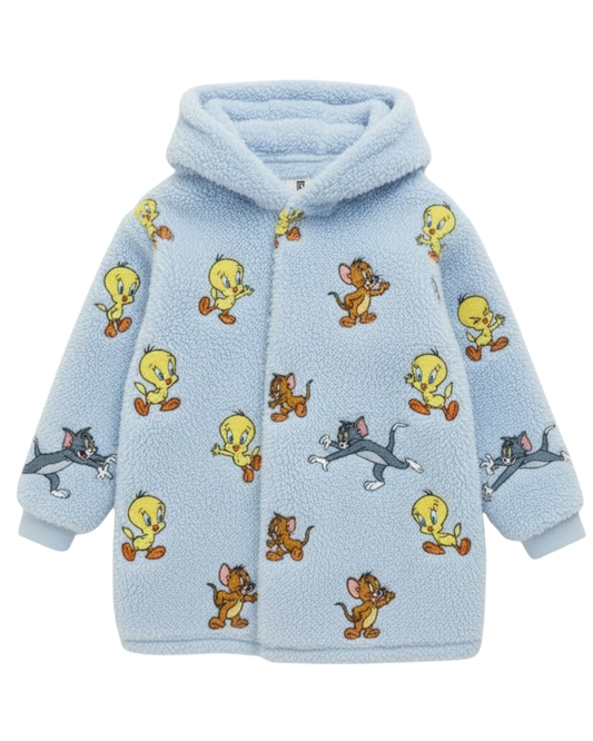 VALUENCIO | Çizgi Film Baskılı Uzun Kollu Kapüşonlu Oversize Peluş Sabahlık