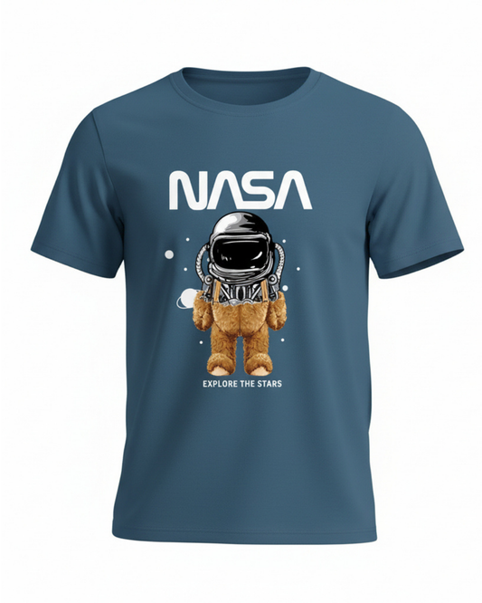 VALUENCIO | BİSİKLET YAKA NASA BASKILI MAVİ ERKEK TİŞÖRT