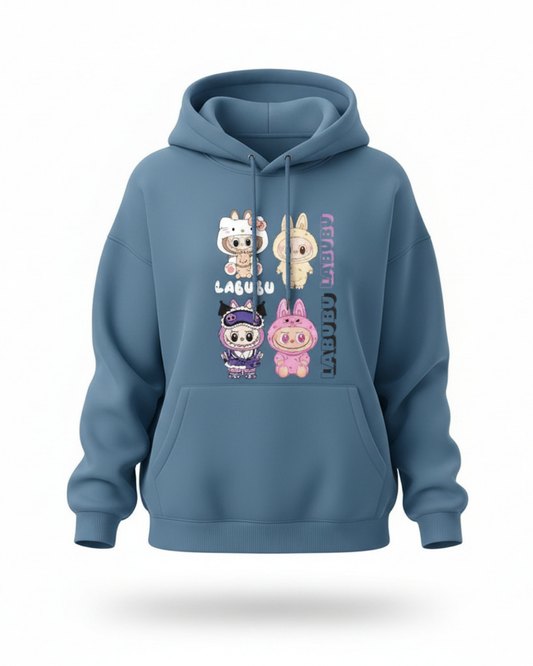 VALUENCIO | LABUBU DESENLİ BASKI MAVİ RENK KAPÜŞONLU SWEATSHIRT