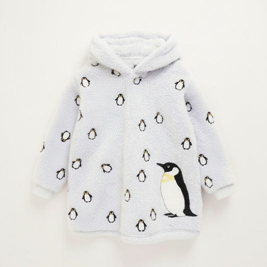 VALUENCIO | Penguen Baskılı Uzun Kollu Kapüşonlu Oversize Peluş Sabahlık